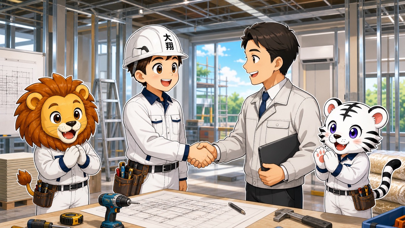 ご相談から施工まで、目標を共有して握手する大翔興業の打ち合わせイメージ