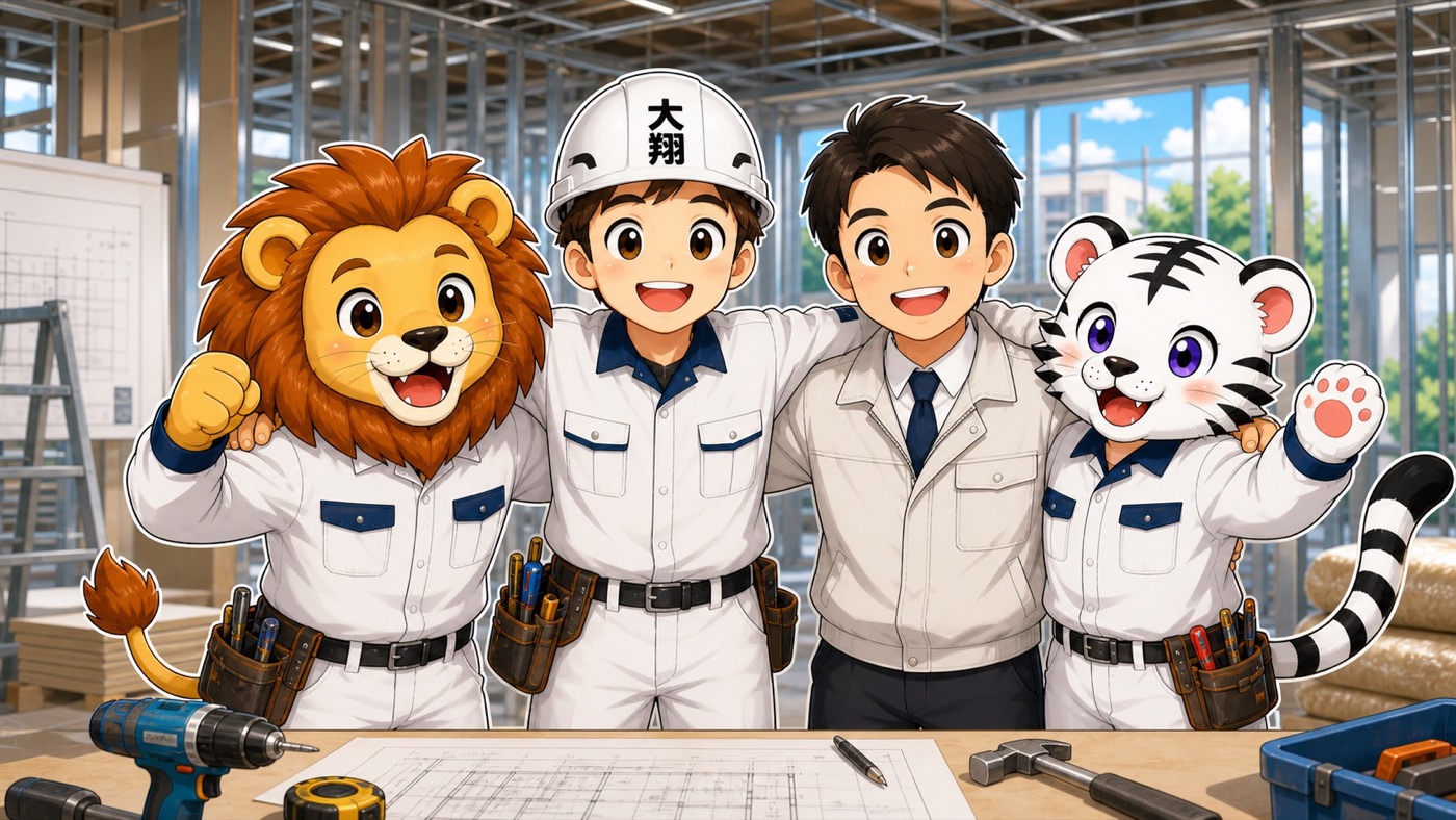 肩を組んで幸せそうに笑う大翔興業のリクルートイメージ